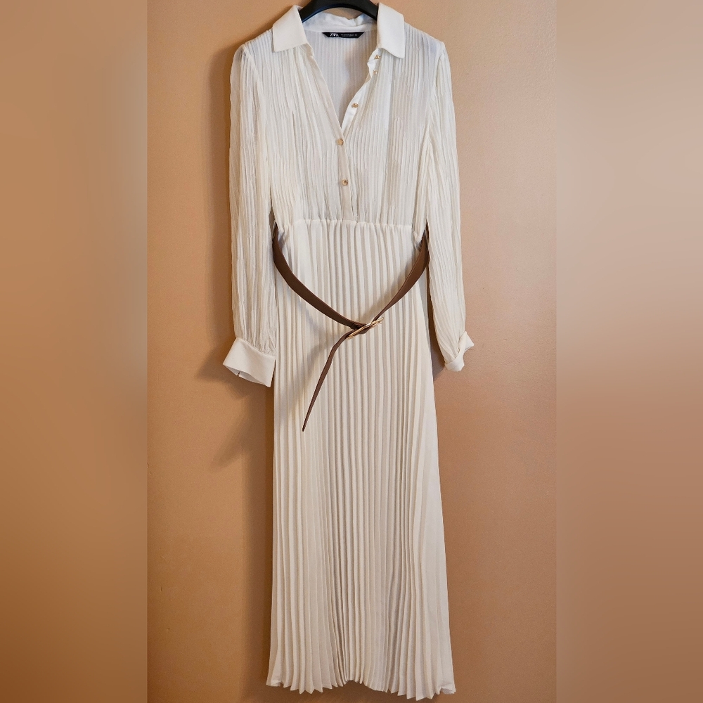 Zara Pleated Midi Dress, Cream Color, Size M - Brand New, Never Worn